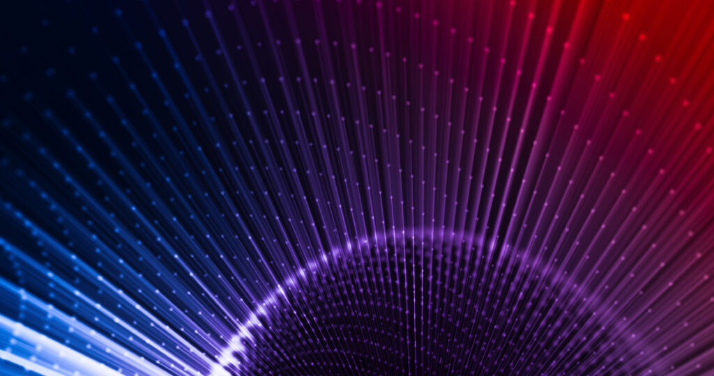 A vibrant abstract background with glowing lines and dots in shades of blue, purple, and red, creating a tunnel effect.