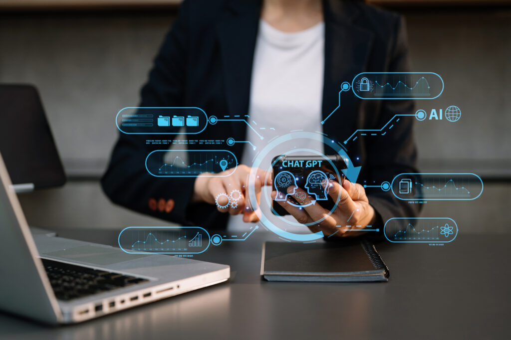 Woman using chatbot in computer to automate her request