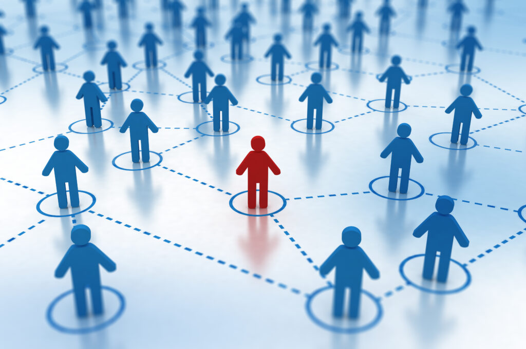A network of blue human figures connected by dashed lines, with one red figure prominently in the center, symbolizing a central connection.