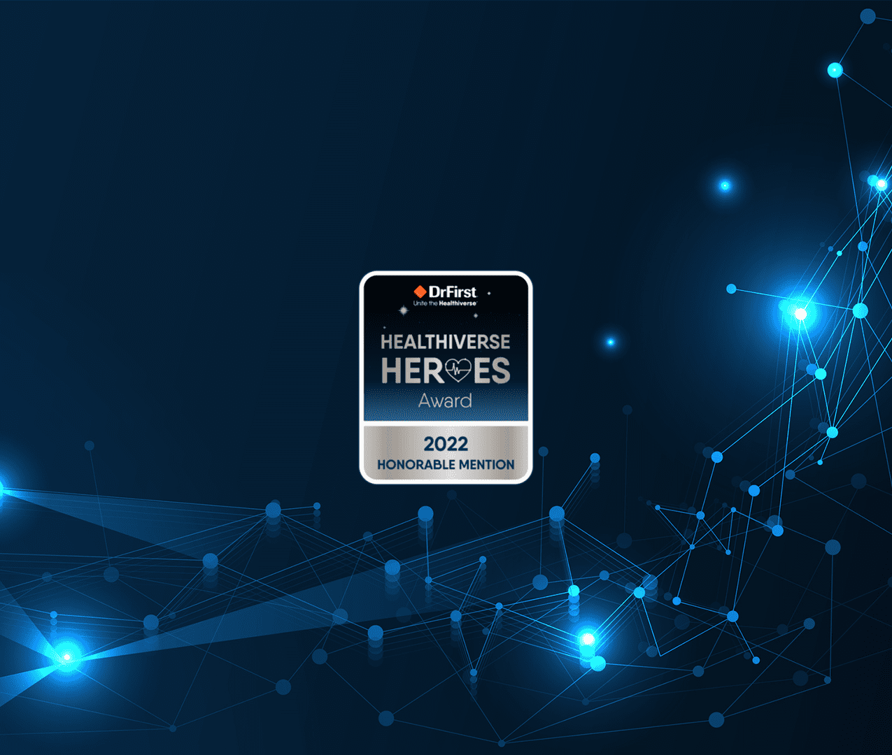 2022 Healthiverse Heroes Award logo on a blue background with line art.