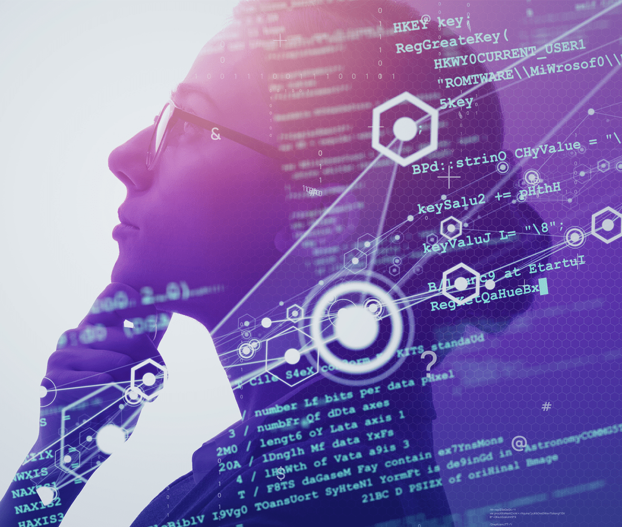 Woman with glasses thinking as the image is overlaid with different lines of code and data connection points. Thinking concept.