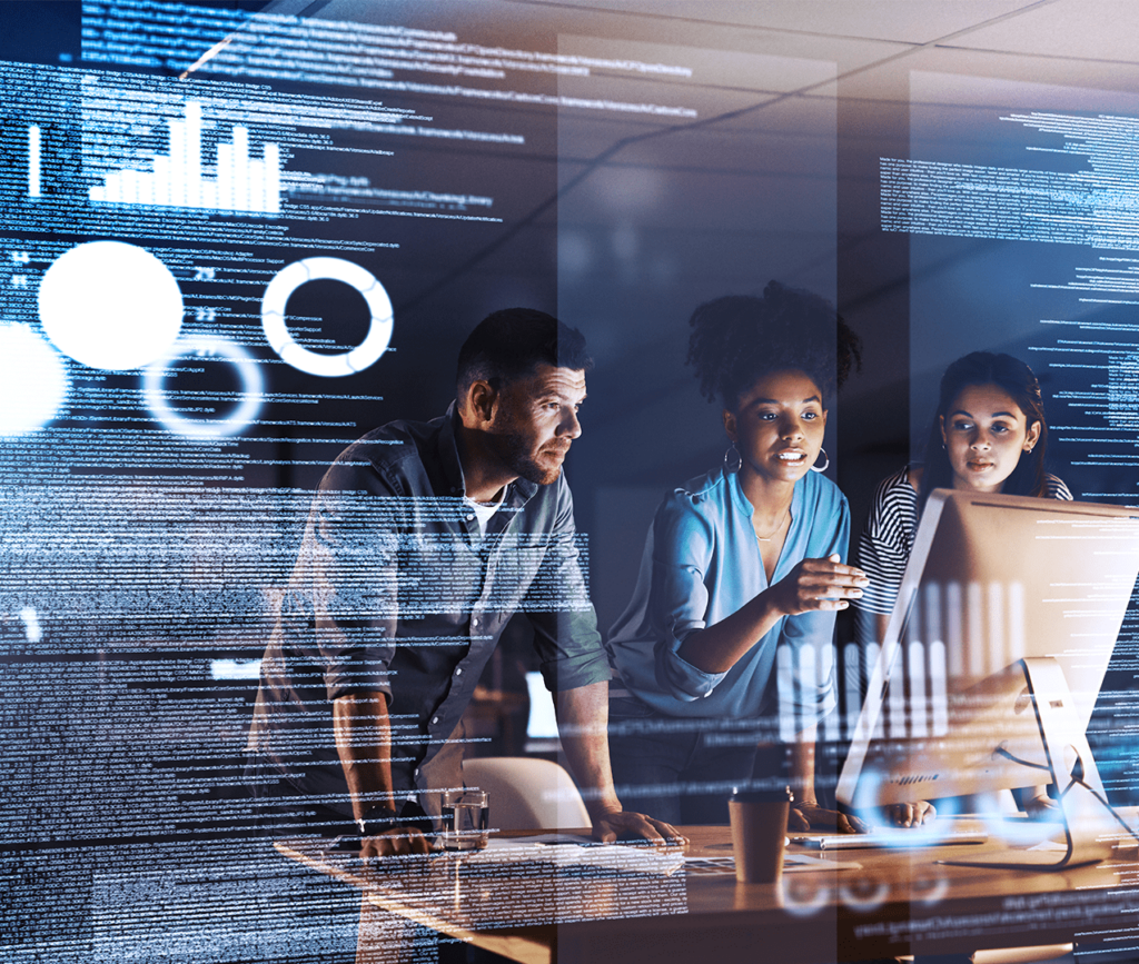 Team of diverse business people looking at a computer and discussing analytics with an imprint of the data overlaying the photo including lots of text and graphs. Data and analytics concept.