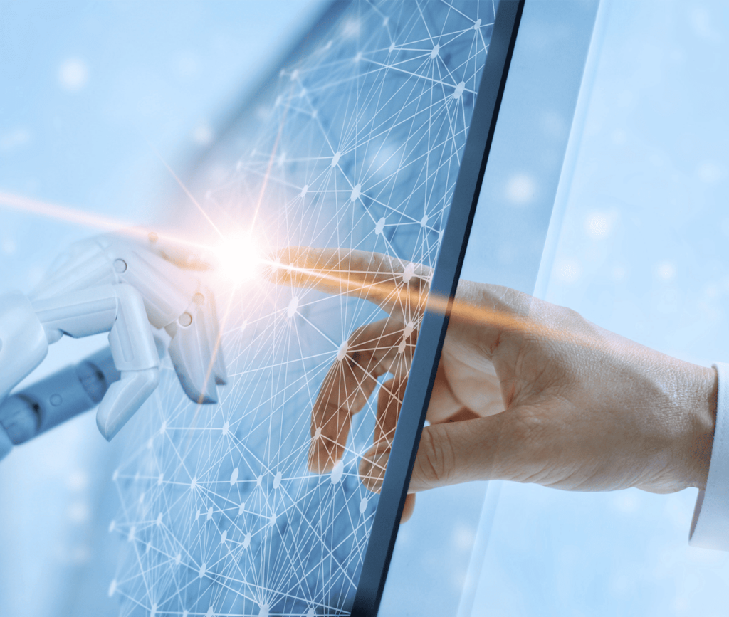 Man touching screen with his finger and AI robot touching the screen from the other side of the device.