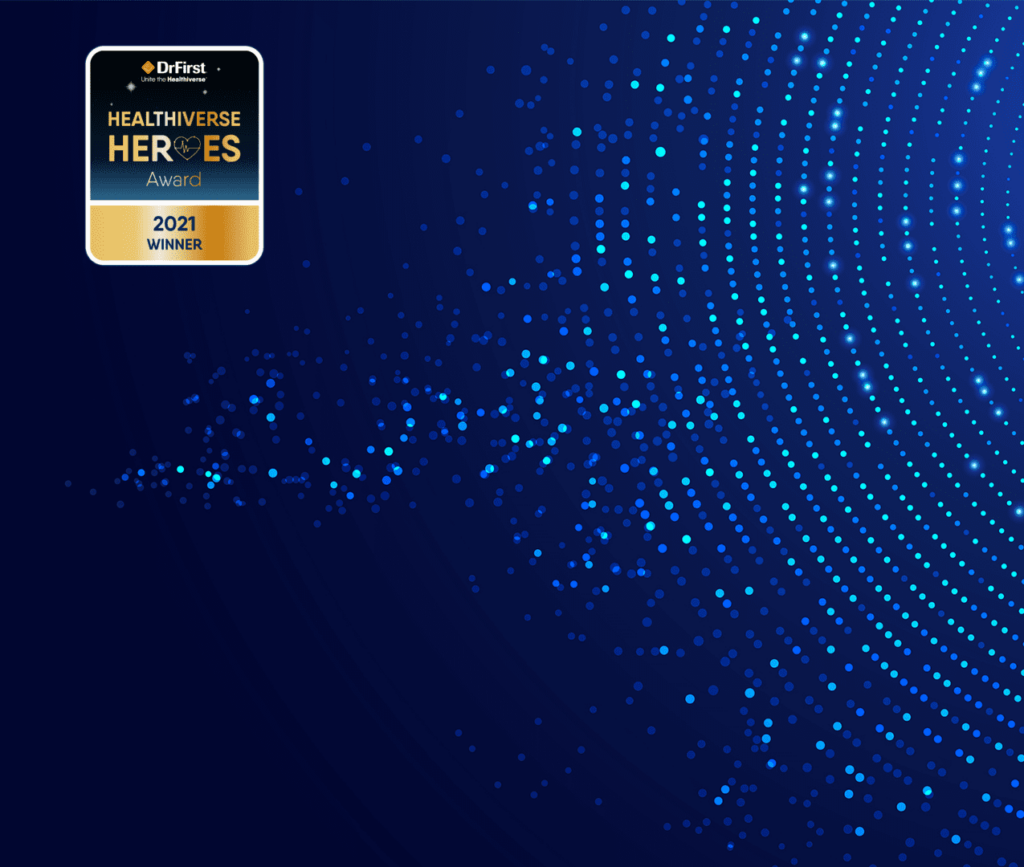 Healthiverse Heroes 2021 award logo on top of blue background with digital ripples running across.