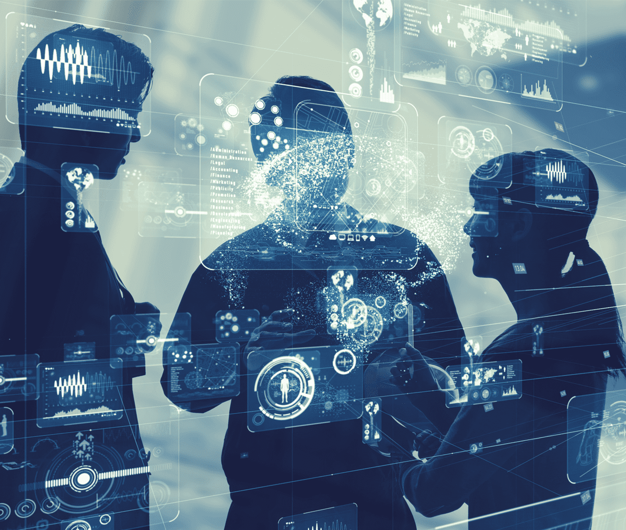 Technology concept photo showing three colleagues talking in the background and data being overlaid on them with biometrics, charts, graphs, reports and insights.