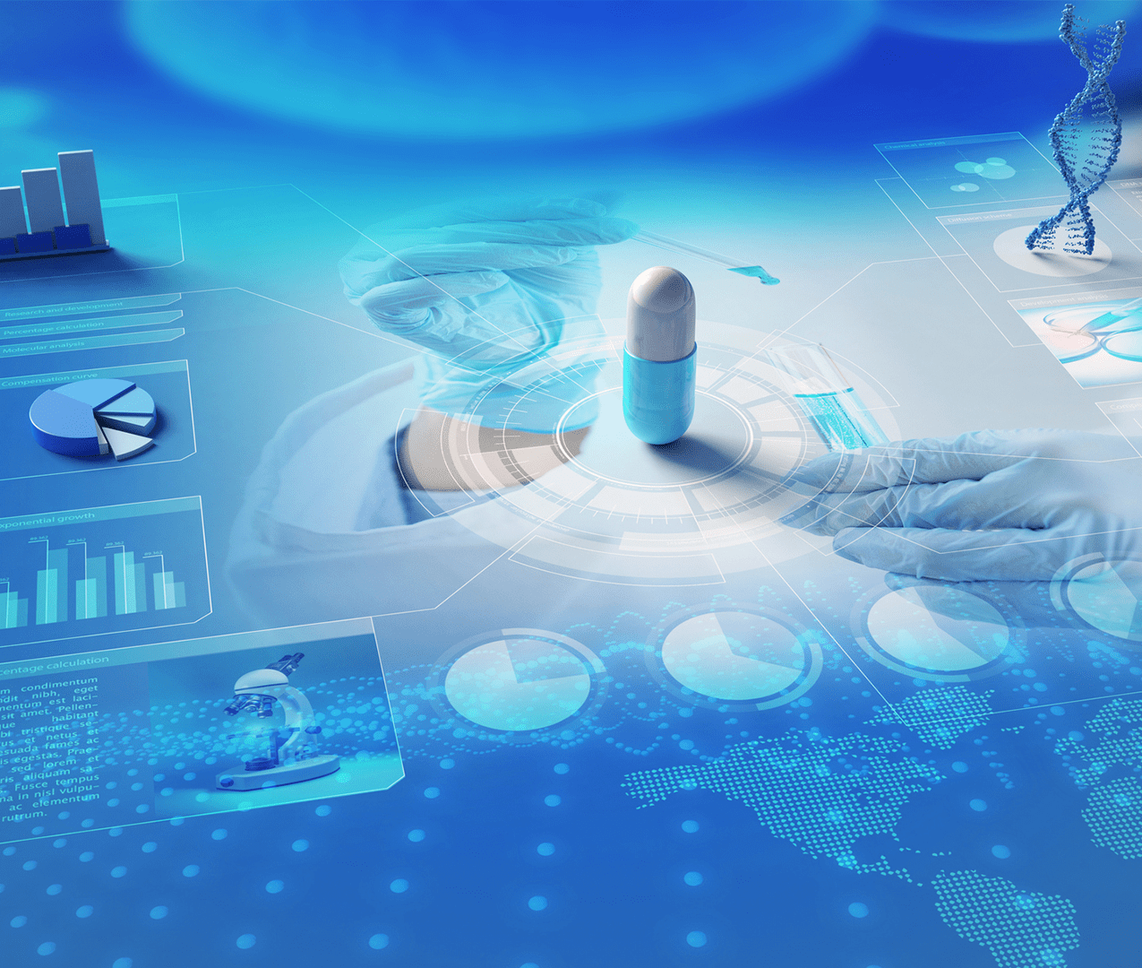 Science and technology concept photo showing all of the data and evidence that goes into making a drug