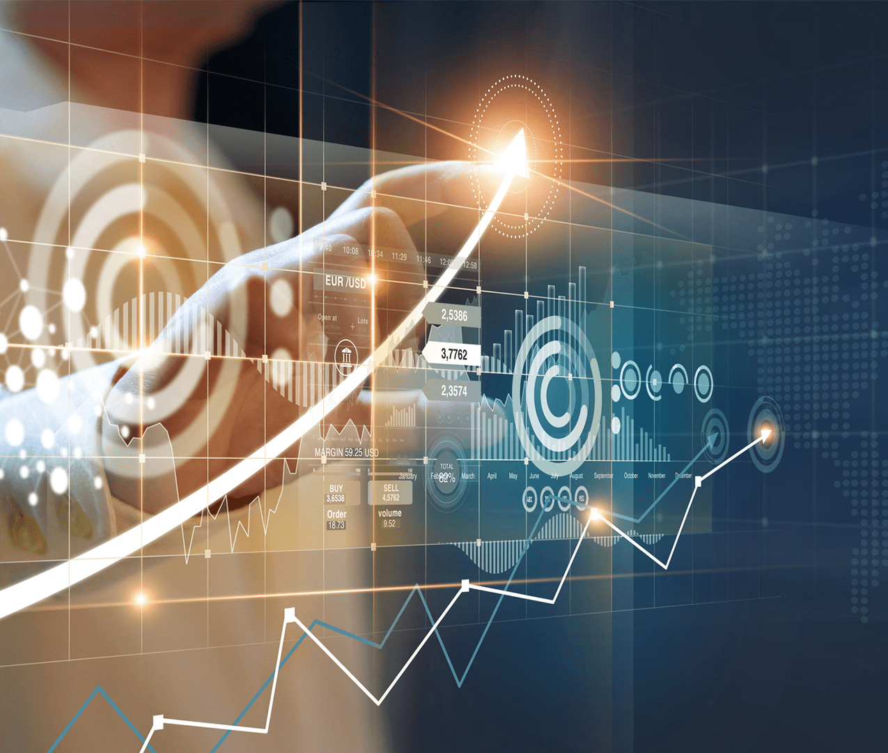 Touch screen monitor showing lots of different data points, charts and graphs as a hand touches the growth line from the other side.
