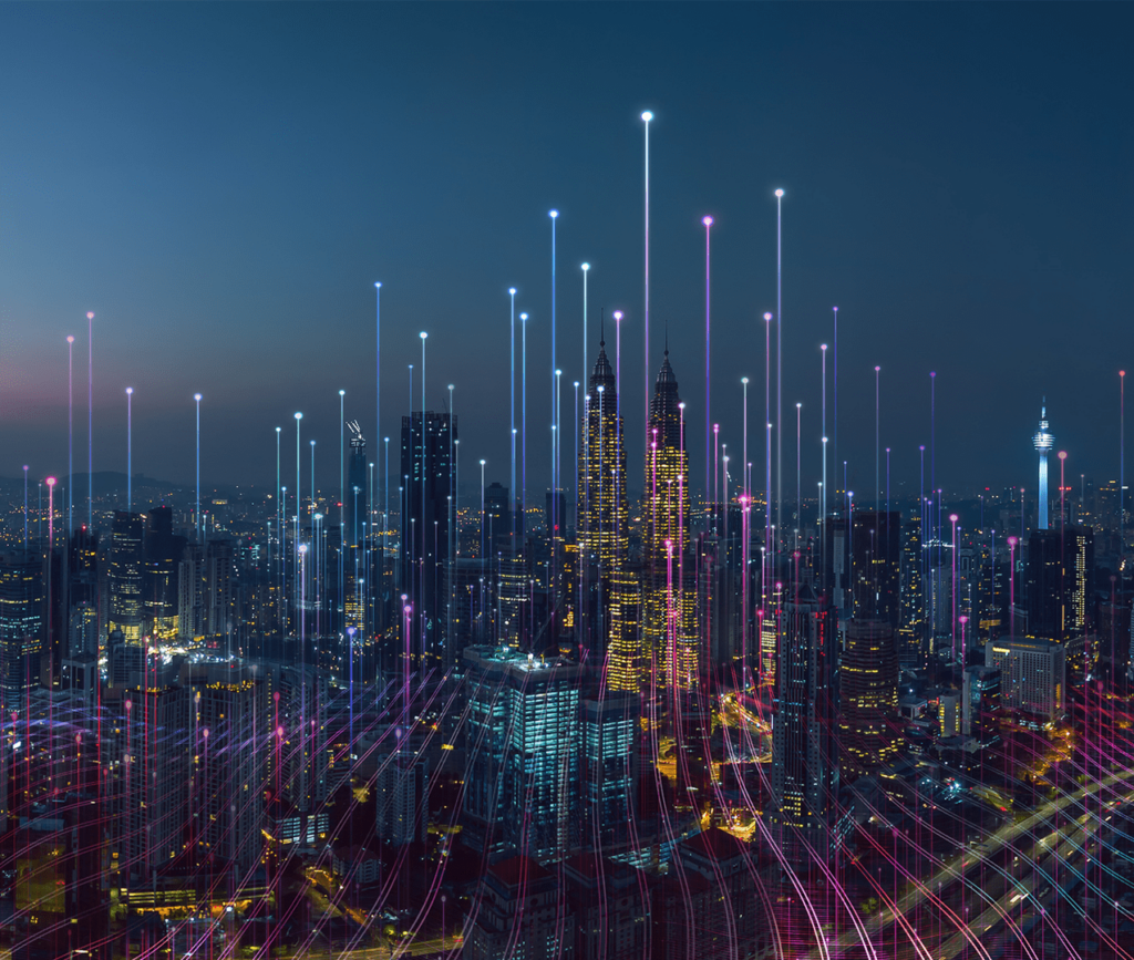 Beacons symbolizing data points shooting up to the sky from high-rise buildings in a downtown city