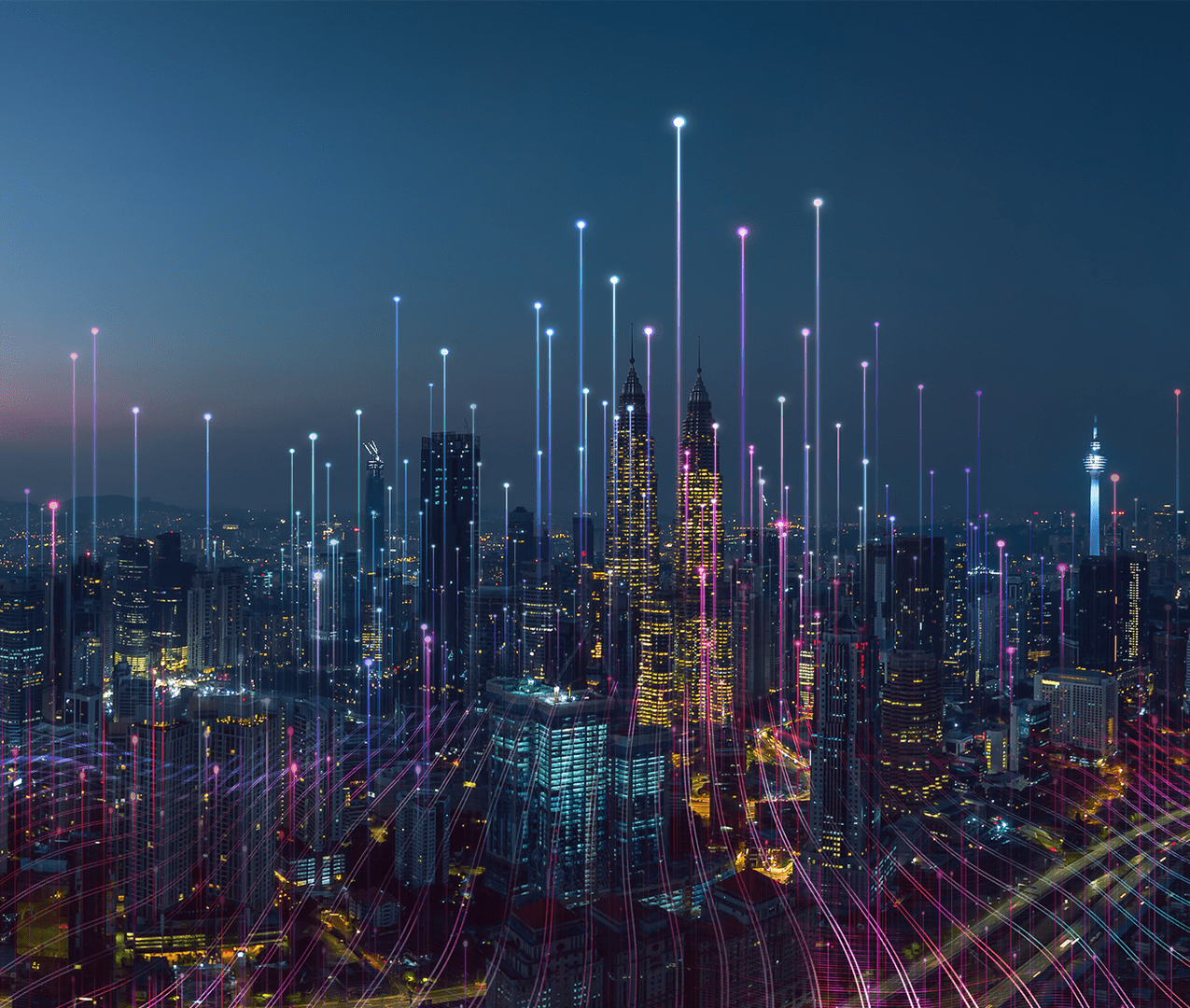 Beacons symbolizing data points shooting up to the sky from high-rise buildings in a downtown city